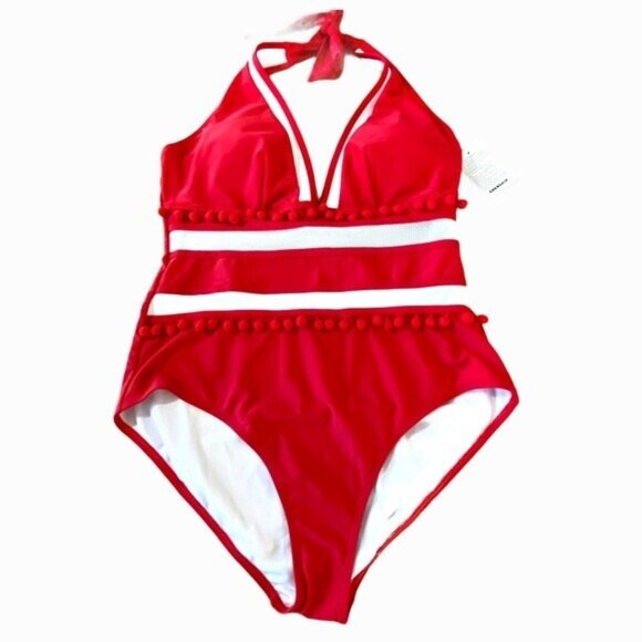 NWT COCOSHIP Plunging Neck One Piece Swimsuit Pom Pom Tassel 16 Red White - Picture 4 of 12